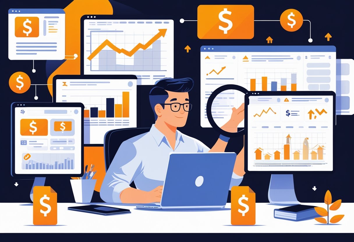 A digital marketing manager working at a desk with multiple screens showing graphs and Amazon product ads with symbols representing online advertising and data analysis.