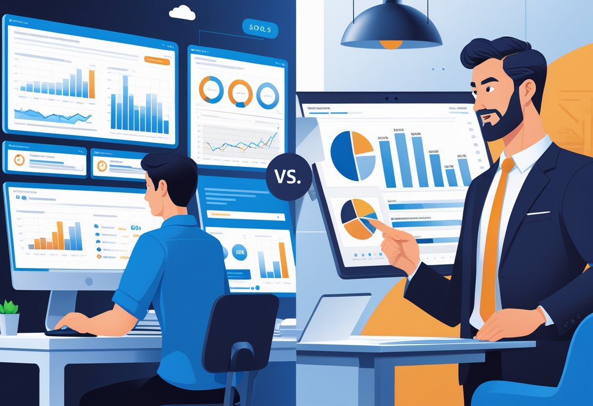 A split scene showing a person managing PPC campaigns alone at a desk with multiple screens on one side, and a professional PPC manager presenting campaign results to a client in an office on the other side, with subtle Amazon-related elements in the background.