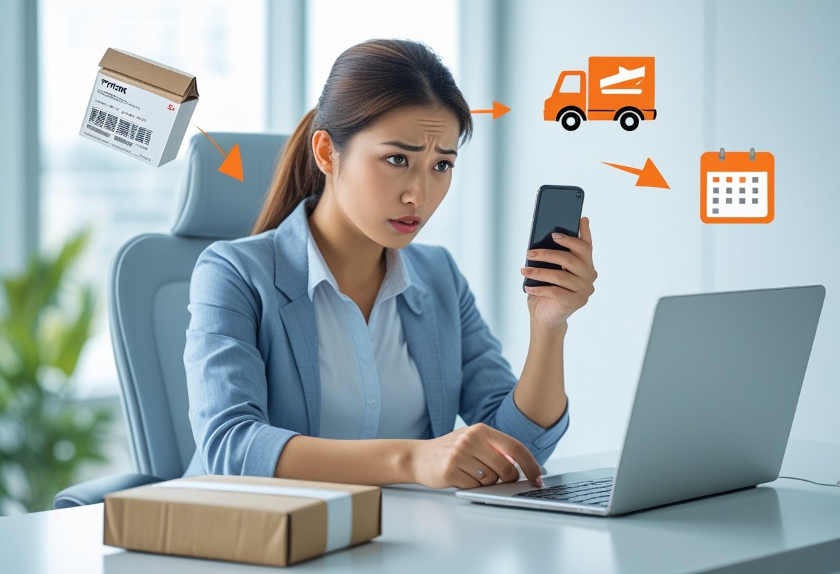 A woman at a desk looking concerned while using a laptop and smartphone, surrounded by symbols representing online shopping and delivery problems.