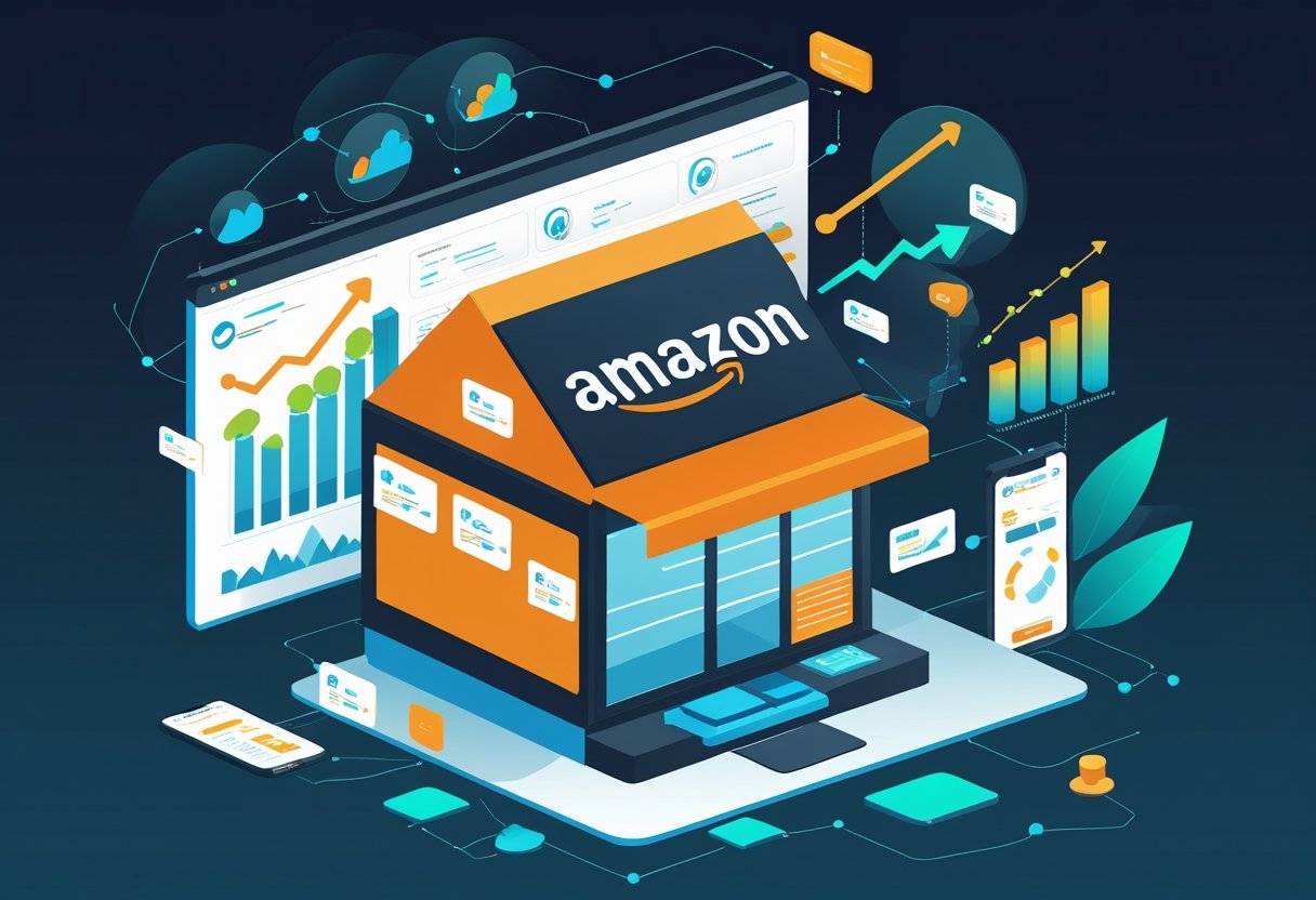 An illustration showing the Amazon marketplace surrounded by digital graphs, ads, and data connections representing pay-per-click advertising and campaign management.