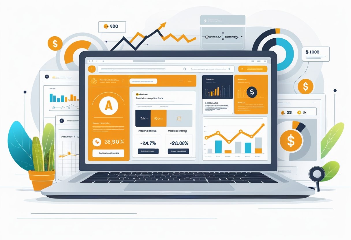 A digital workspace showing a computer screen with an Amazon product page and graphical charts representing online advertising performance metrics.