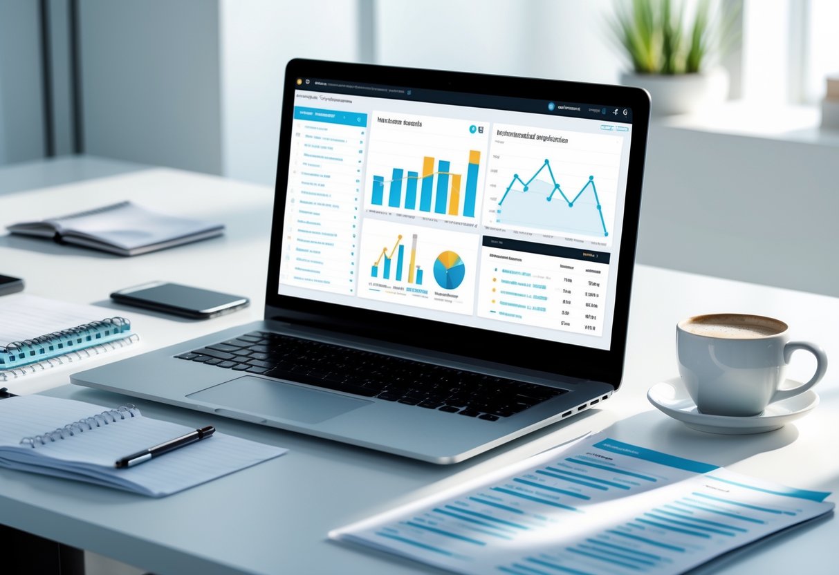 A clean desk with a laptop displaying graphs, notes, a smartphone, and a cup of coffee in a modern office setting.