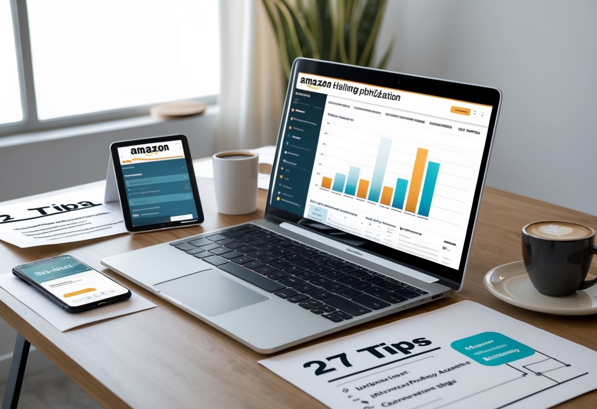 A workspace with a laptop, tablet, smartphone, and papers arranged neatly, focused on e-commerce and Amazon listing optimization.