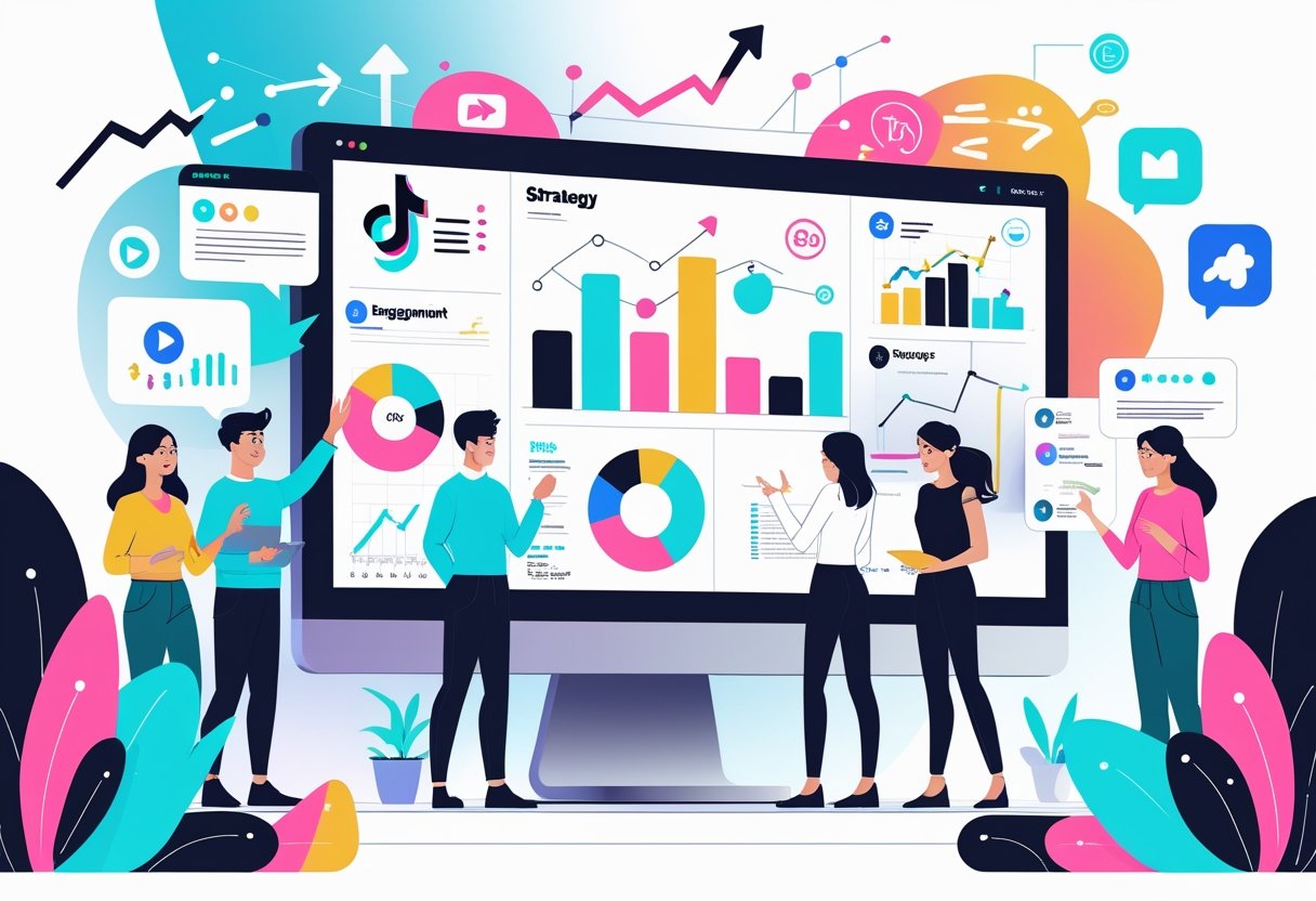 A group of young professionals collaborating in an office with screens showing colorful graphs and social media icons, symbolizing teamwork and digital marketing strategies.