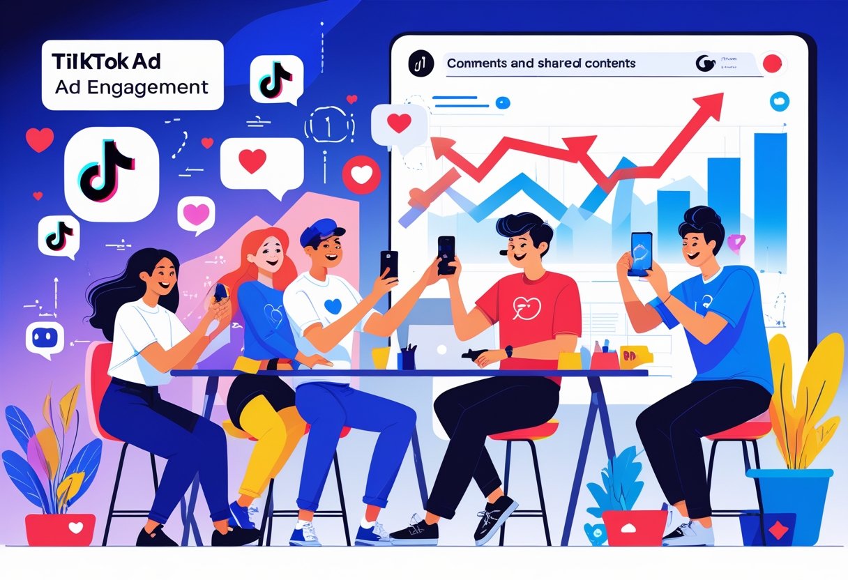 A group of diverse young influencers collaborating and creating content together with digital icons representing TikTok engagement and growth around them.