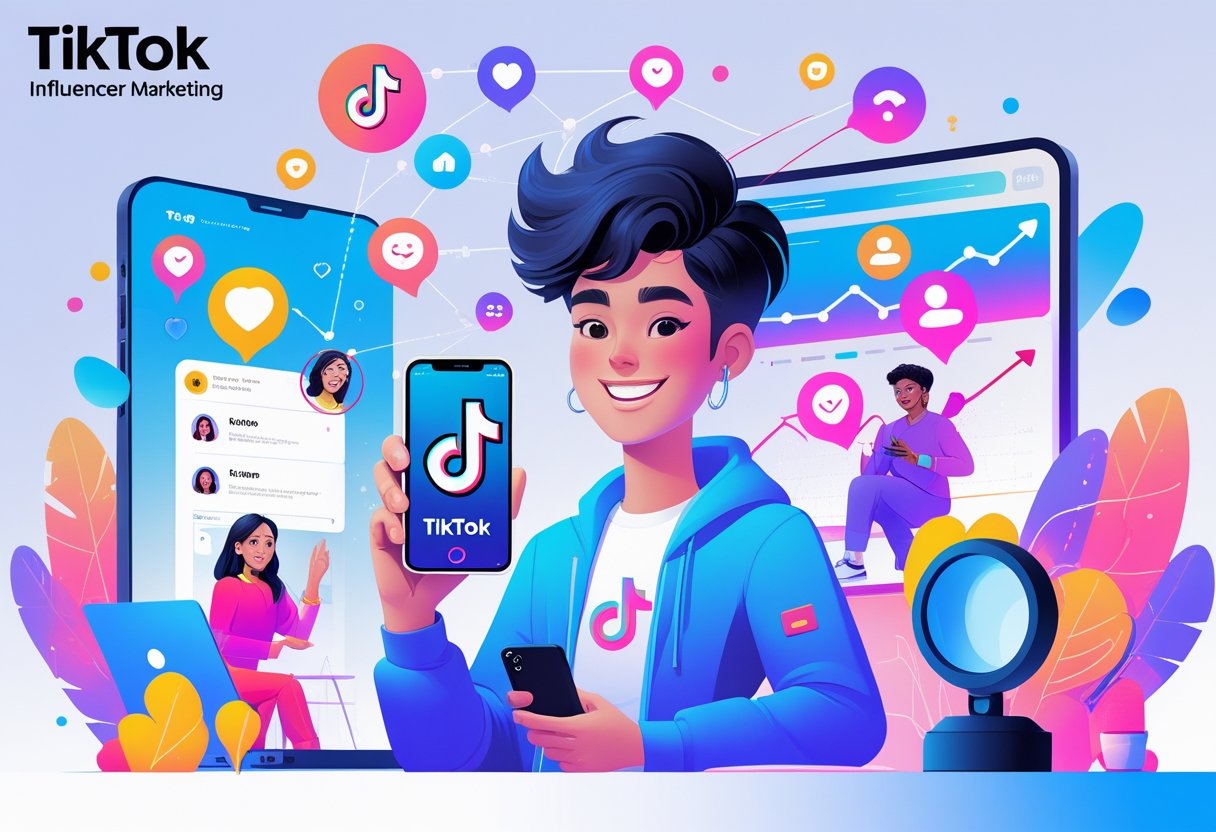 A young influencer holding a smartphone with social media icons and audience avatars connected by glowing lines, surrounded by charts and digital content creation tools.