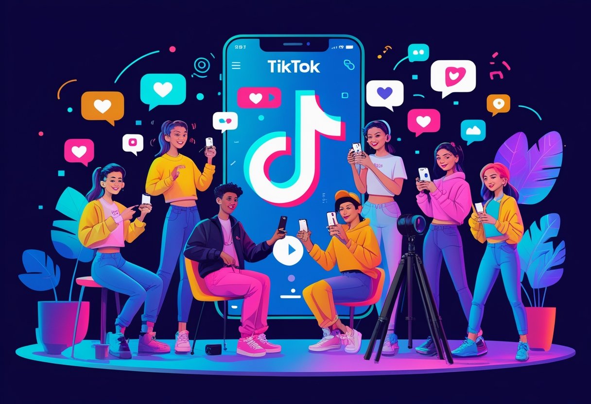 A group of young people using smartphones and video equipment to create content, surrounded by social media icons and a stylized TikTok app interface.