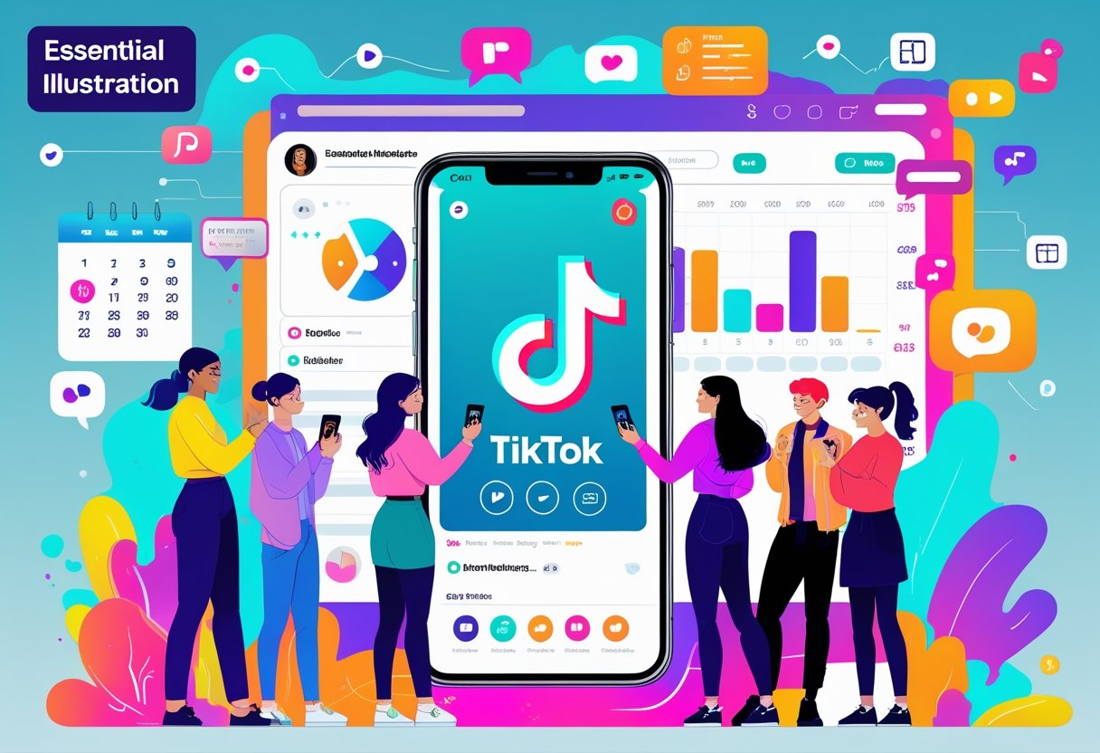 A group of young influencers using smartphones surrounded by social media icons, charts, and a large smartphone screen showing video clips, illustrating TikTok influencer marketing strategies.