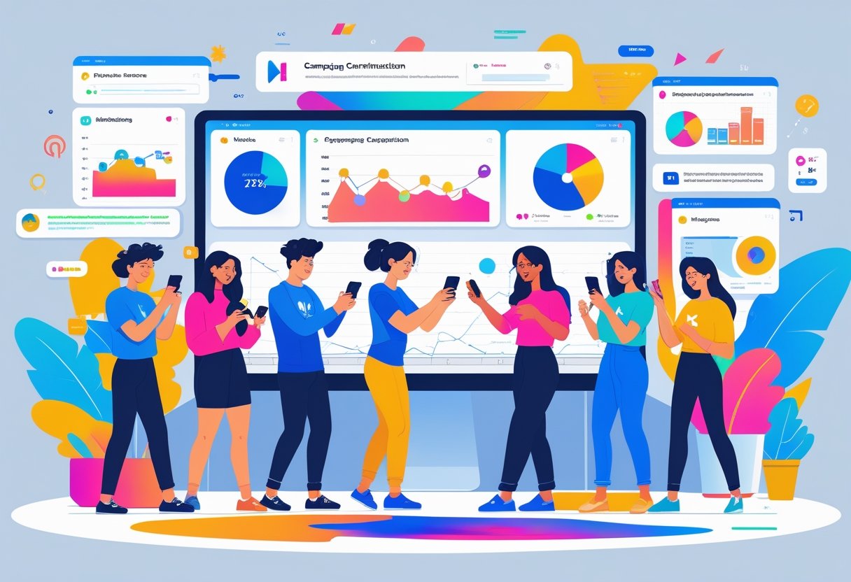 A group of young influencers using smartphones to create videos while digital charts and analytics dashboards display campaign performance in a modern workspace.