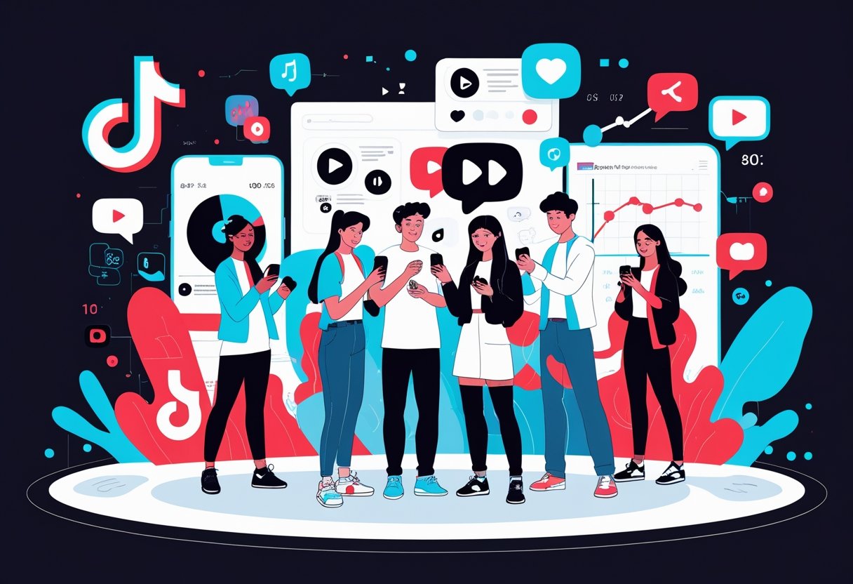 A group of diverse young people using smartphones surrounded by digital icons representing video clips, music, likes, comments, and social media analytics.