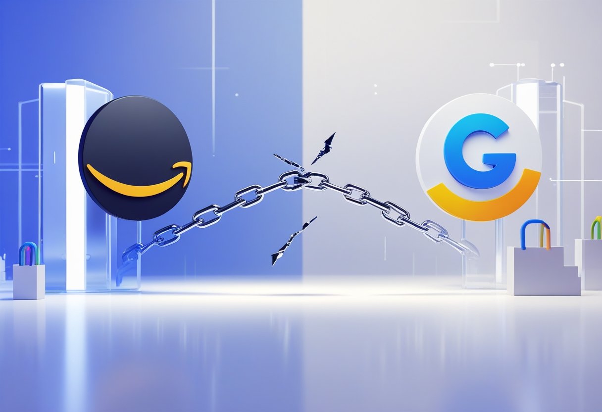 Two large icons representing Amazon and Google Shopping with a broken connection between them, symbolizing the end of their partnership.