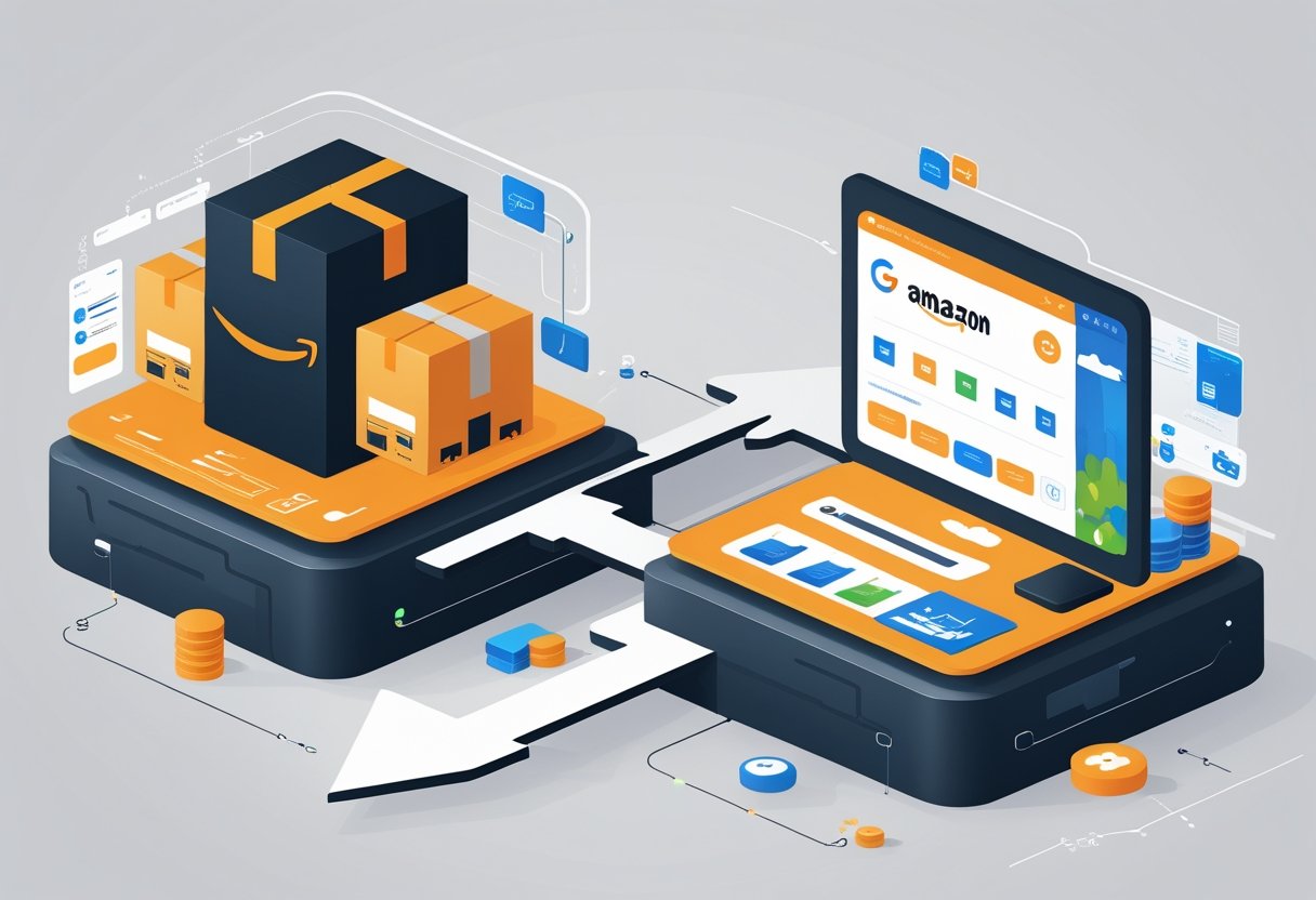 Two separate digital marketplace platforms representing Amazon and Google Shopping with an arrow showing Amazon moving away from Google Shopping.