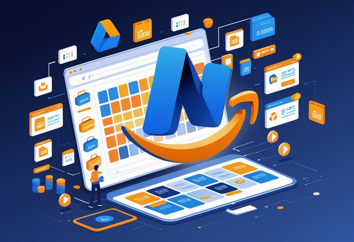 A digital scene showing the Amazon logo moving away from a Google Shopping interface on a screen, with e-commerce icons and online ads appearing disconnected or fading.