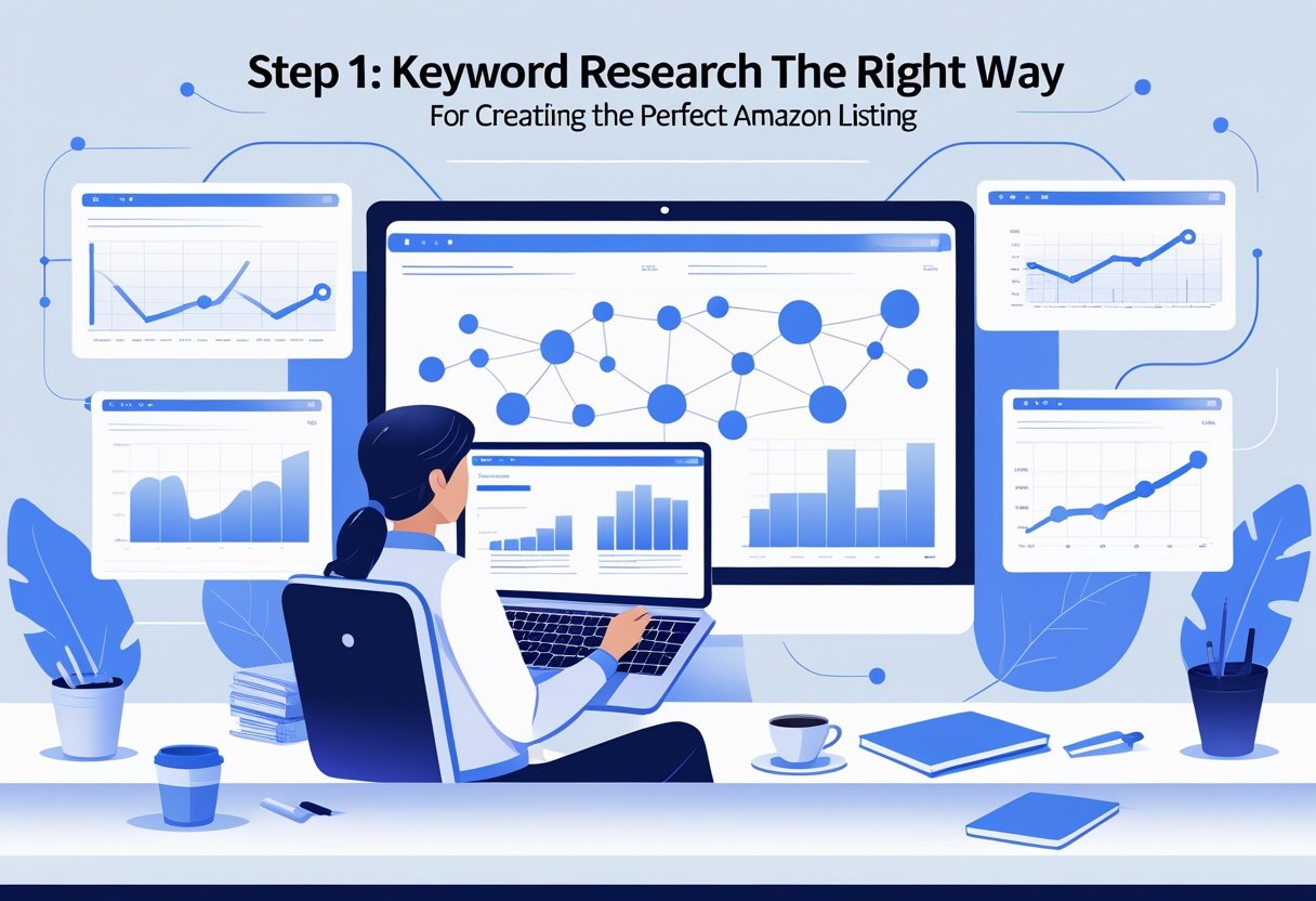 A person working at a desk with multiple screens showing keyword data and charts, focusing on keyword research for an Amazon listing.