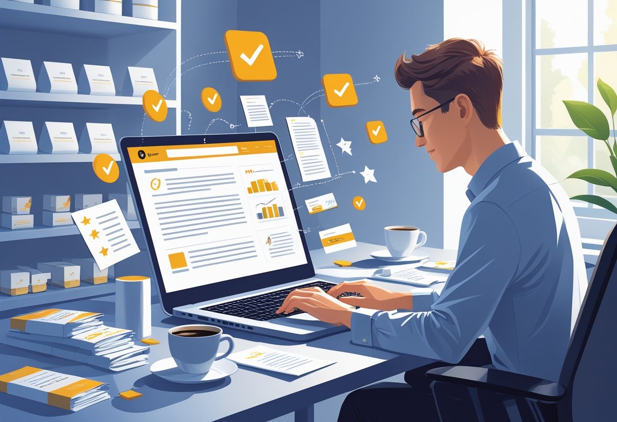 A person working at a desk with a laptop, surrounded by product packages and notes, focusing on writing product descriptions.