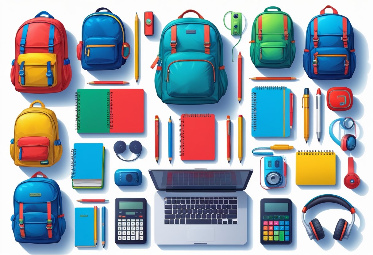 An arrangement of various school supplies and tech gadgets including backpacks, notebooks, pencils, calculators, headphones, a tablet, and a laptop on a white background.