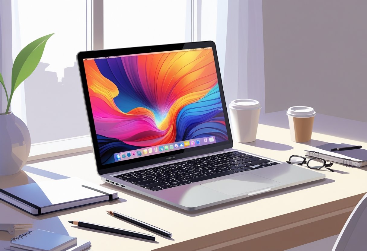 A silver Apple MacBook Air M2 open on a wooden desk with school supplies nearby in a bright, clean workspace.