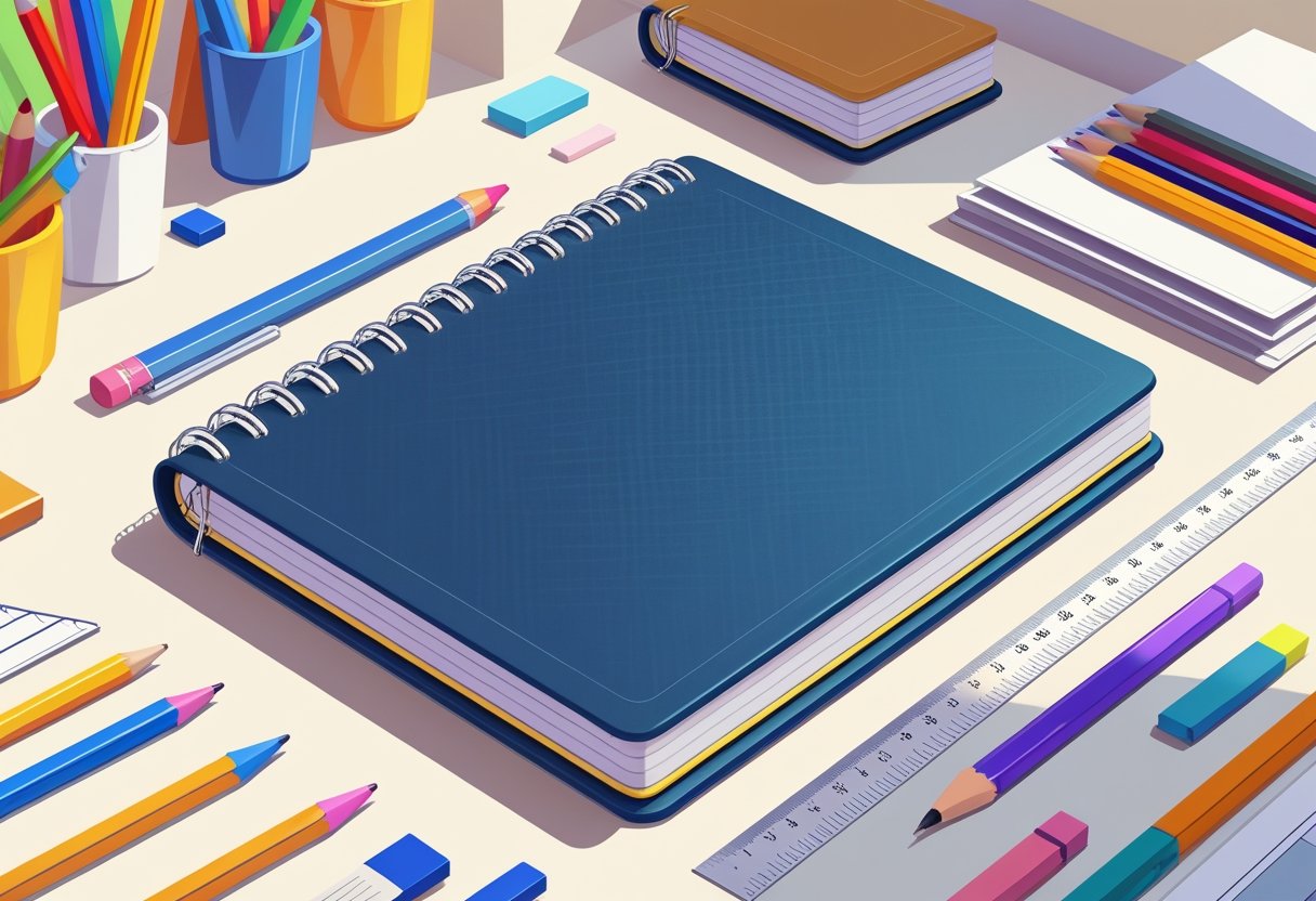 A Five Star spiral notebook on a desk surrounded by school supplies including pens, pencils, erasers, and a ruler.