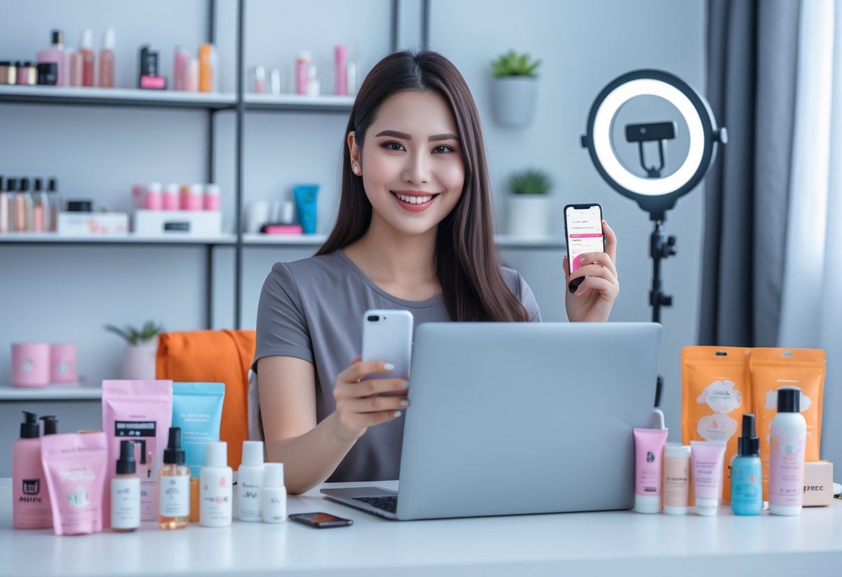 A young woman at a desk with a laptop and products, using a smartphone to manage her online shop.