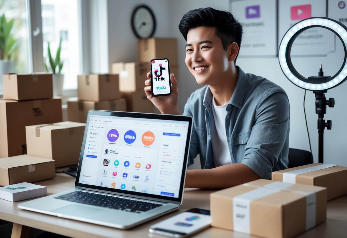 A young entrepreneur smiling while working on a laptop and holding a smartphone in a home office with product packages and shipping boxes around.