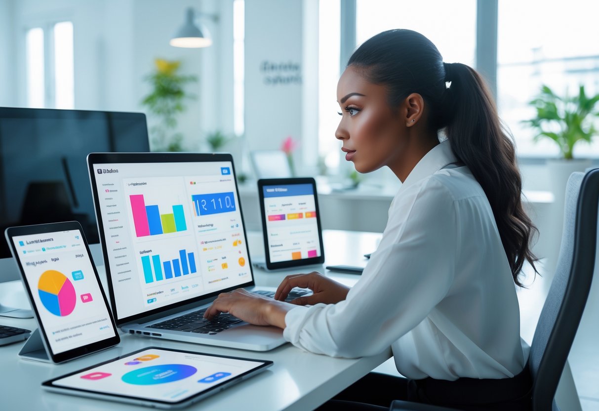 A young woman working on a laptop with multiple digital devices on a desk in a bright office, analyzing online sales data.