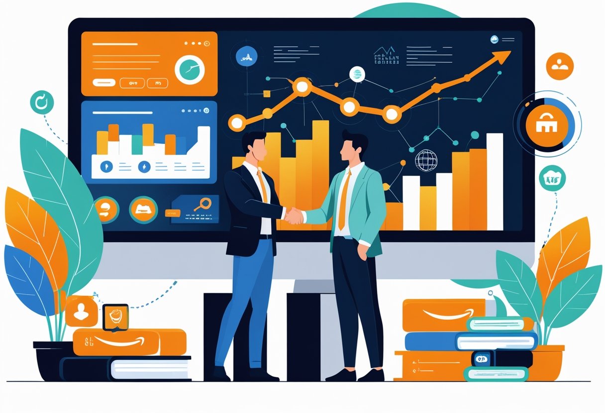 Two professionals shaking hands in an office with digital charts and Amazon-related icons floating around, symbolizing a successful business partnership.
