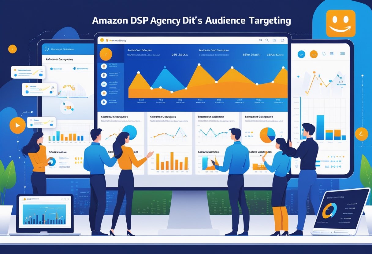 A team of professionals working together around a digital dashboard displaying audience data and campaign analytics in a modern office.