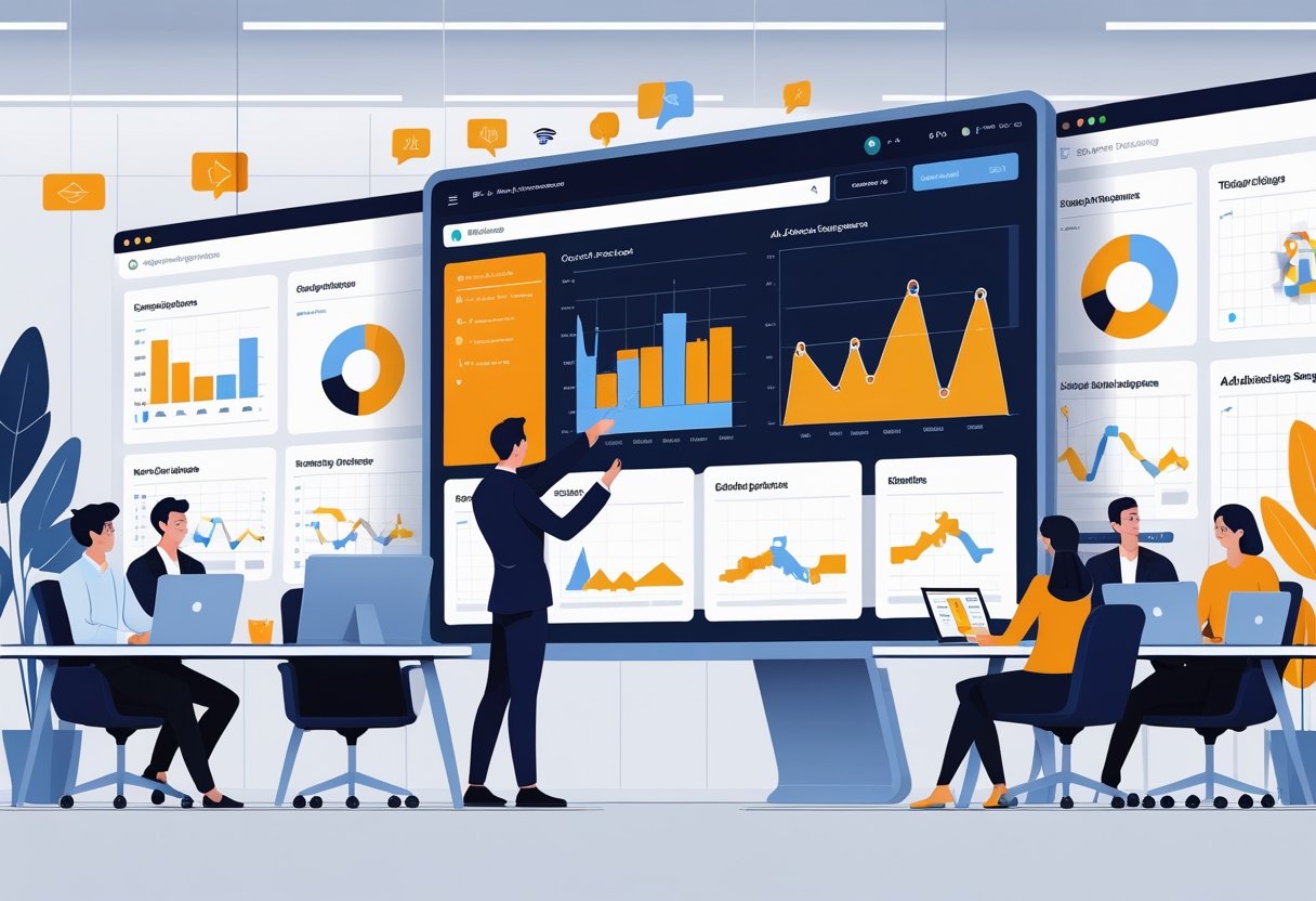 A team of professionals working together in an office with digital screens showing data charts and ad placements on various devices.
