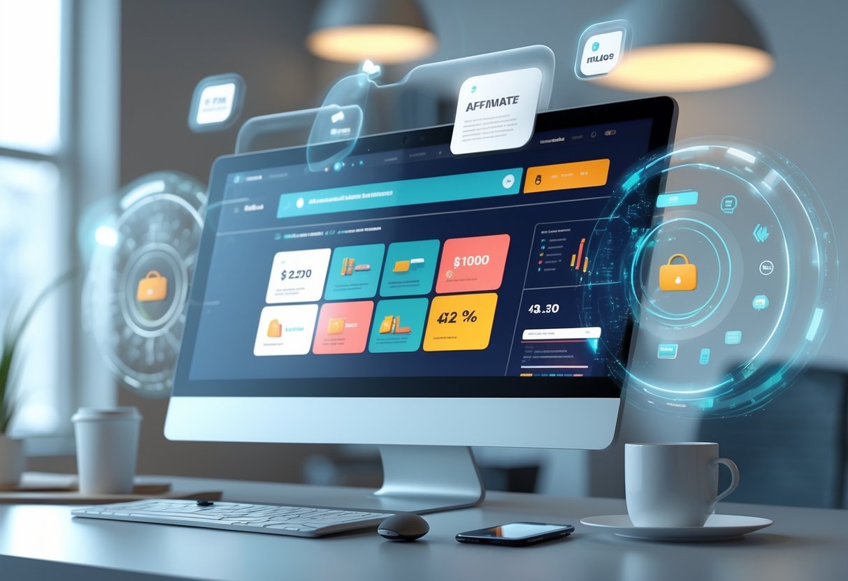 A 3D scene of a workspace with a computer showing an online marketplace and floating charts representing affiliate marketing analytics.
