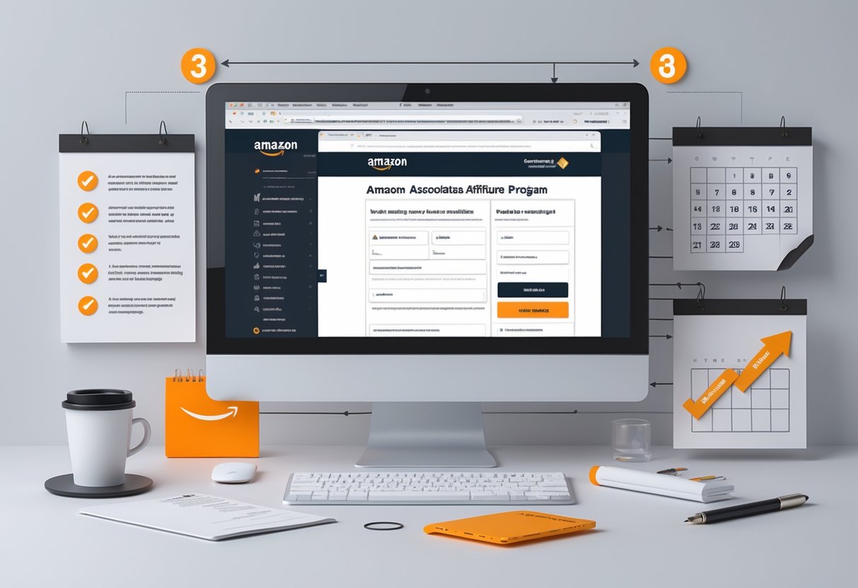 A 3D scene of a computer workspace showing the process of joining an online affiliate program with icons representing steps, a checklist, and a digital wallet.