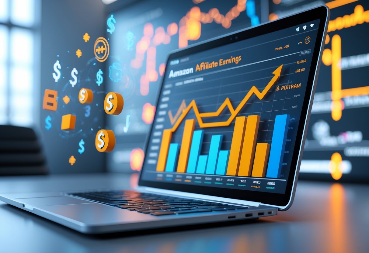 A digital workspace with a laptop showing sales graphs and floating e-commerce icons representing affiliate marketing and earnings growth.