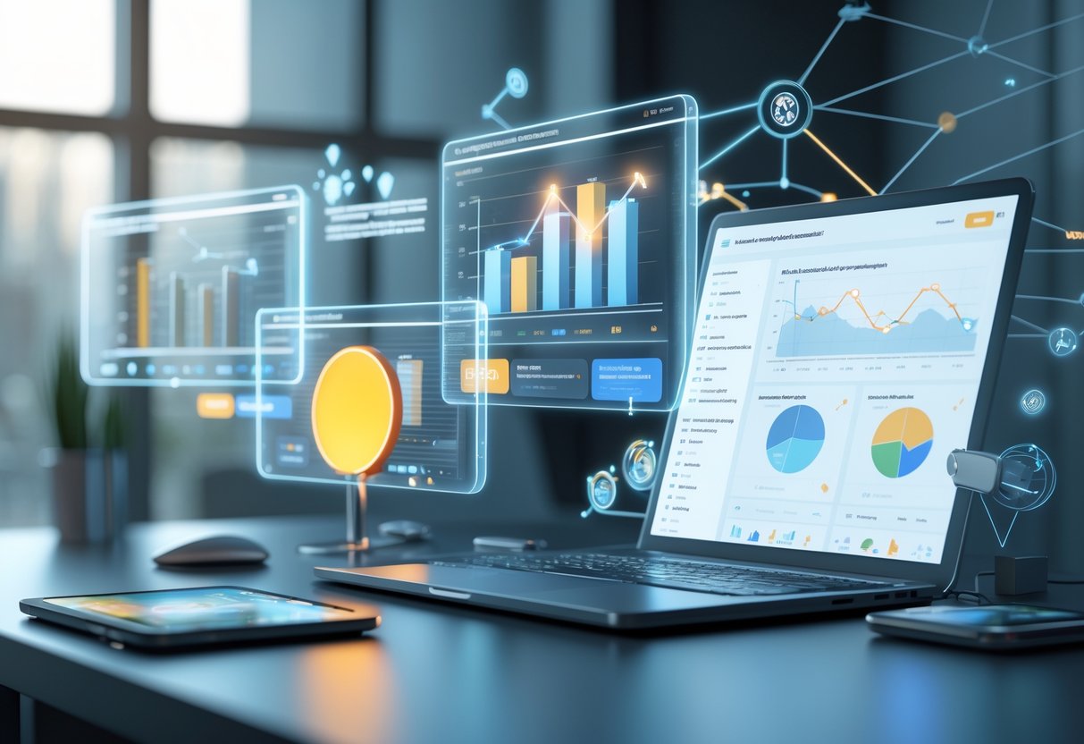 A 3D digital workspace showing holographic screens with product models, charts, and social media icons representing content creation and promotion strategies for Amazon affiliate marketing.