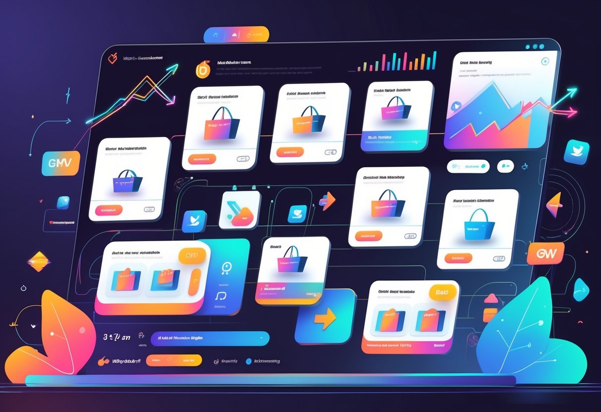 A digital scene showing interactive product cards and video thumbnails arranged like a social media feed with icons for shopping and sales growth in the background.