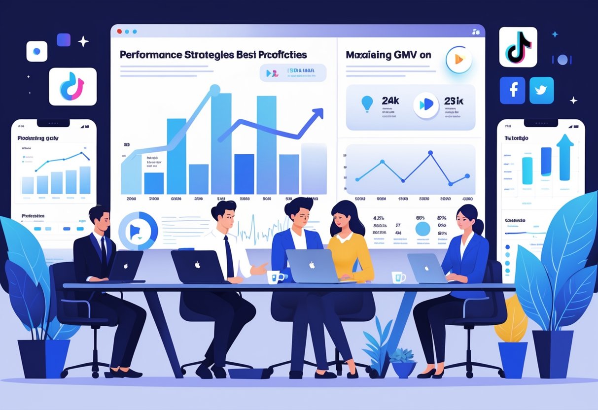 A team of professionals collaborating around a table with laptops and charts showing data trends and social media icons in a modern office setting.