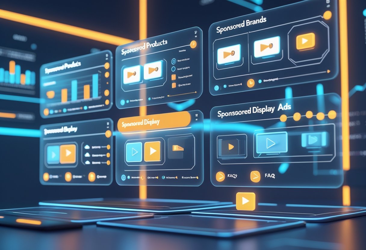 A 3D scene showing floating digital panels with icons representing different types of Amazon PPC ads and data charts in a modern workspace.