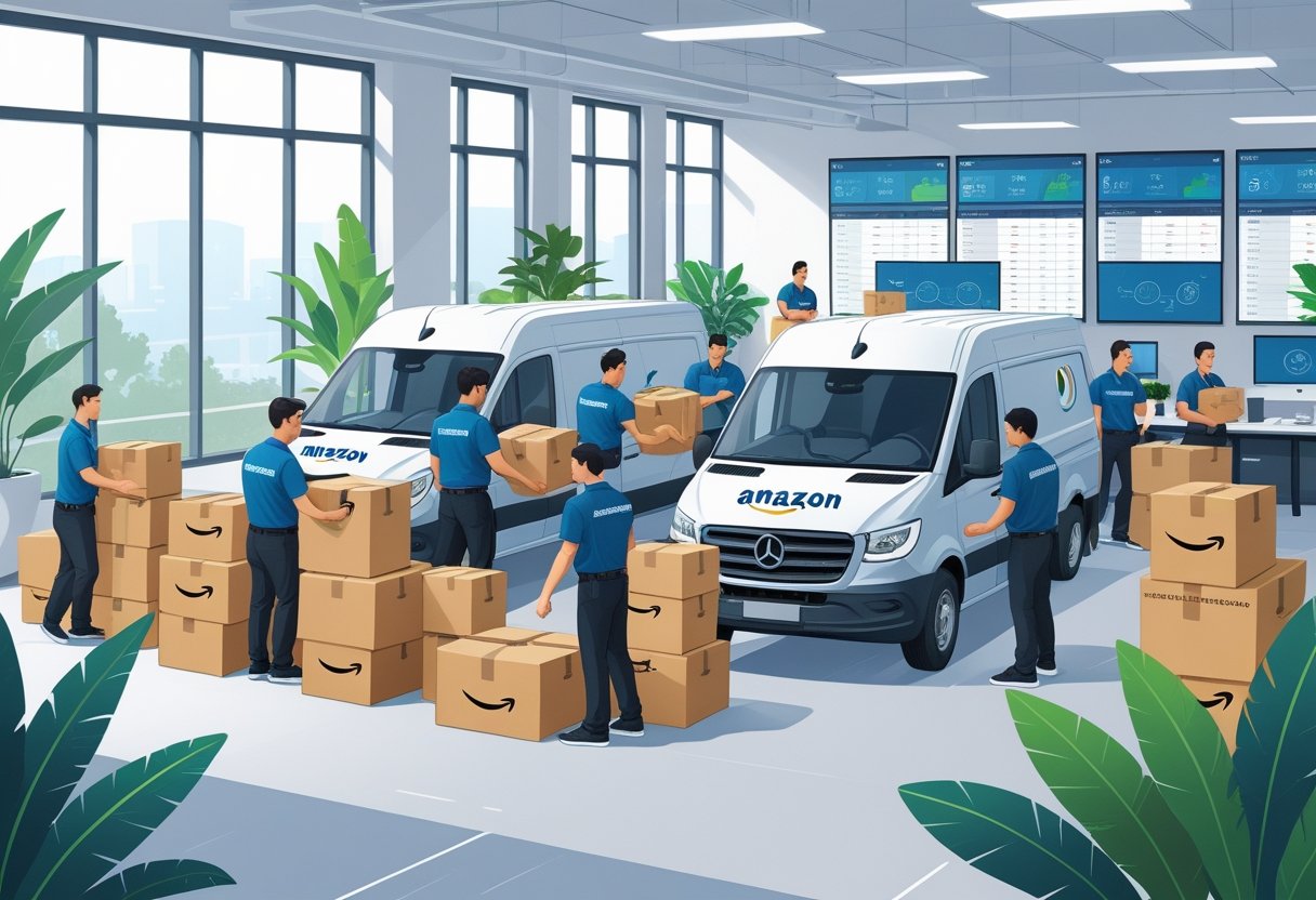 A team of delivery drivers and office staff working together in a bright office with delivery vans and packages being organized.