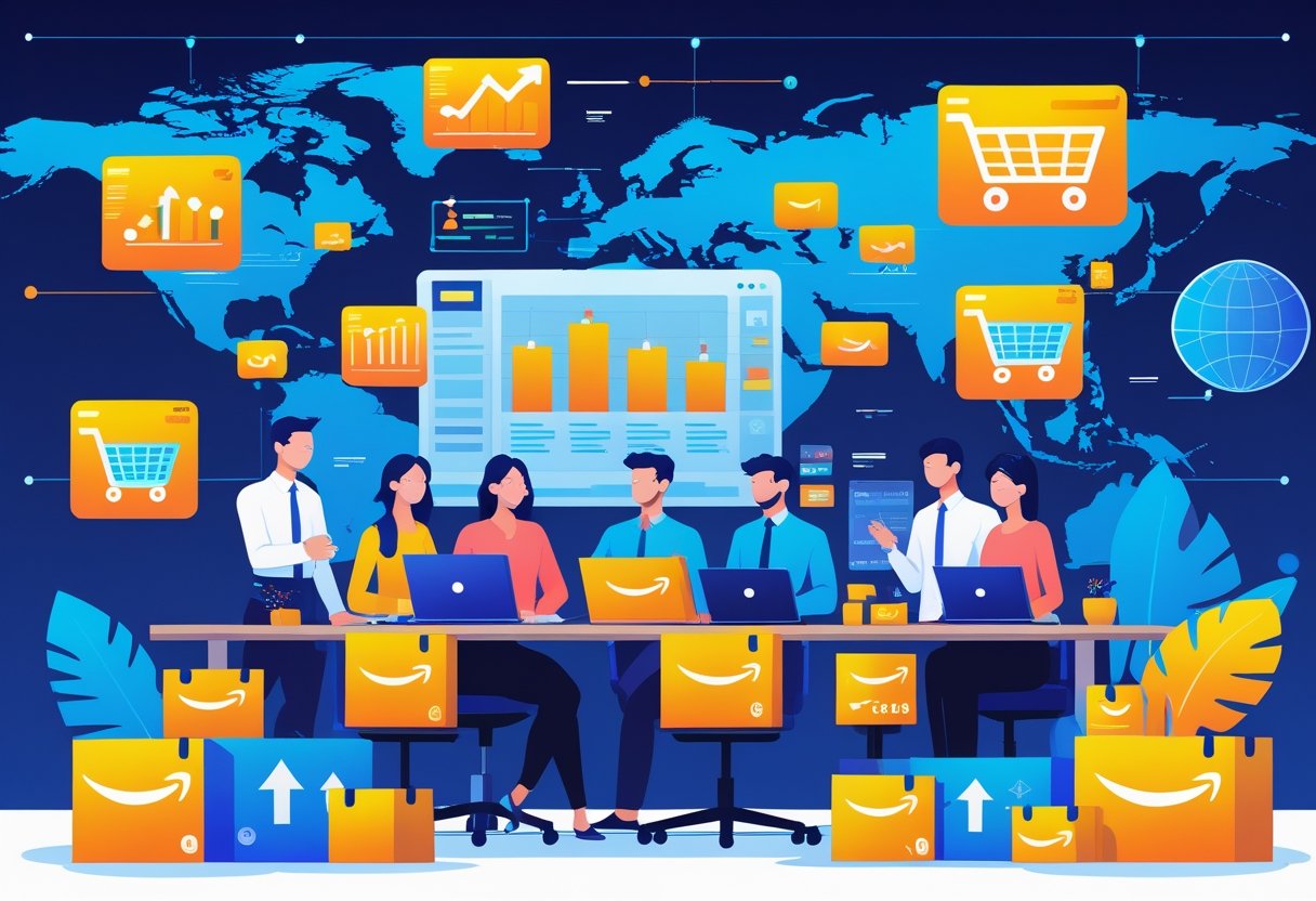 A team of marketing professionals working together in an office with digital screens showing advertising visuals and e-commerce elements.