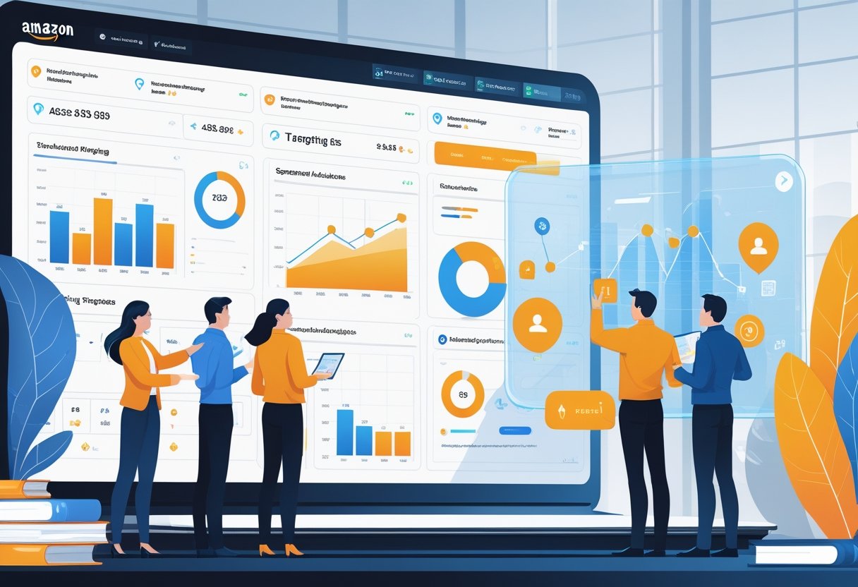 A group of professionals analyzing marketing data and targeting options on digital screens in an office setting.