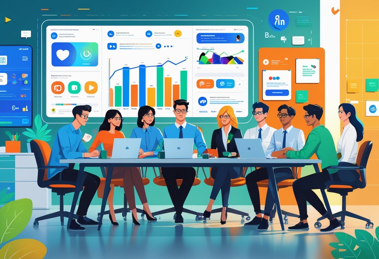 A team of professionals working together in a modern office with digital devices and a screen showing social media content and analytics.