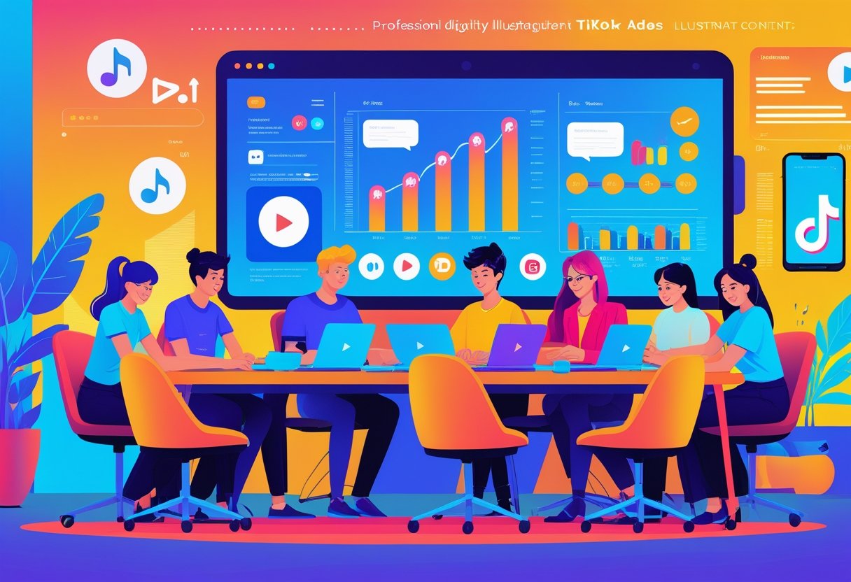 A team of young professionals working together in a bright office with laptops and tablets showing social media content and charts.