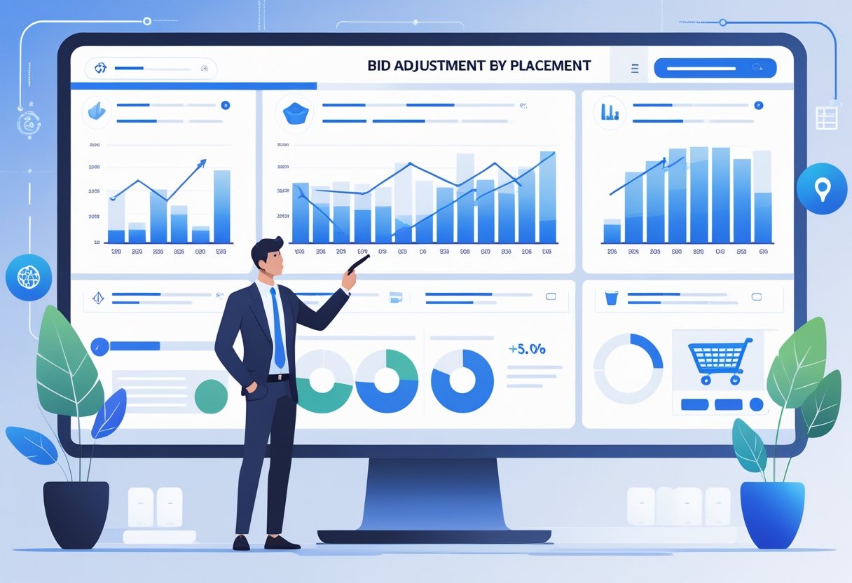 A business professional adjusting bid settings on a digital dashboard showing graphs and icons representing different Amazon ad placements.