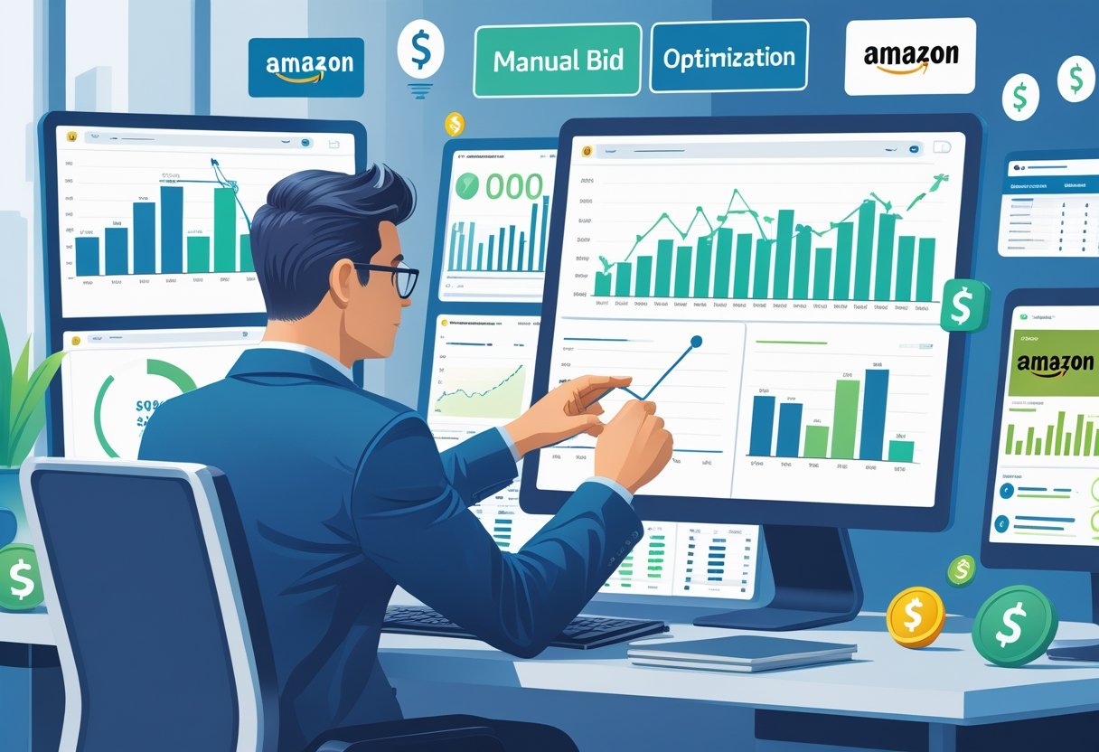 A business professional adjusting bid settings on multiple screens showing graphs and data related to online advertising.