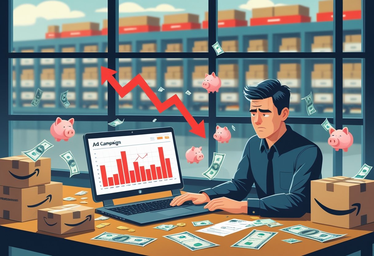 An Amazon seller looks frustrated at a desk with product boxes and a laptop showing declining ad graphs, with icons of money slipping away and a warehouse visible outside the window.