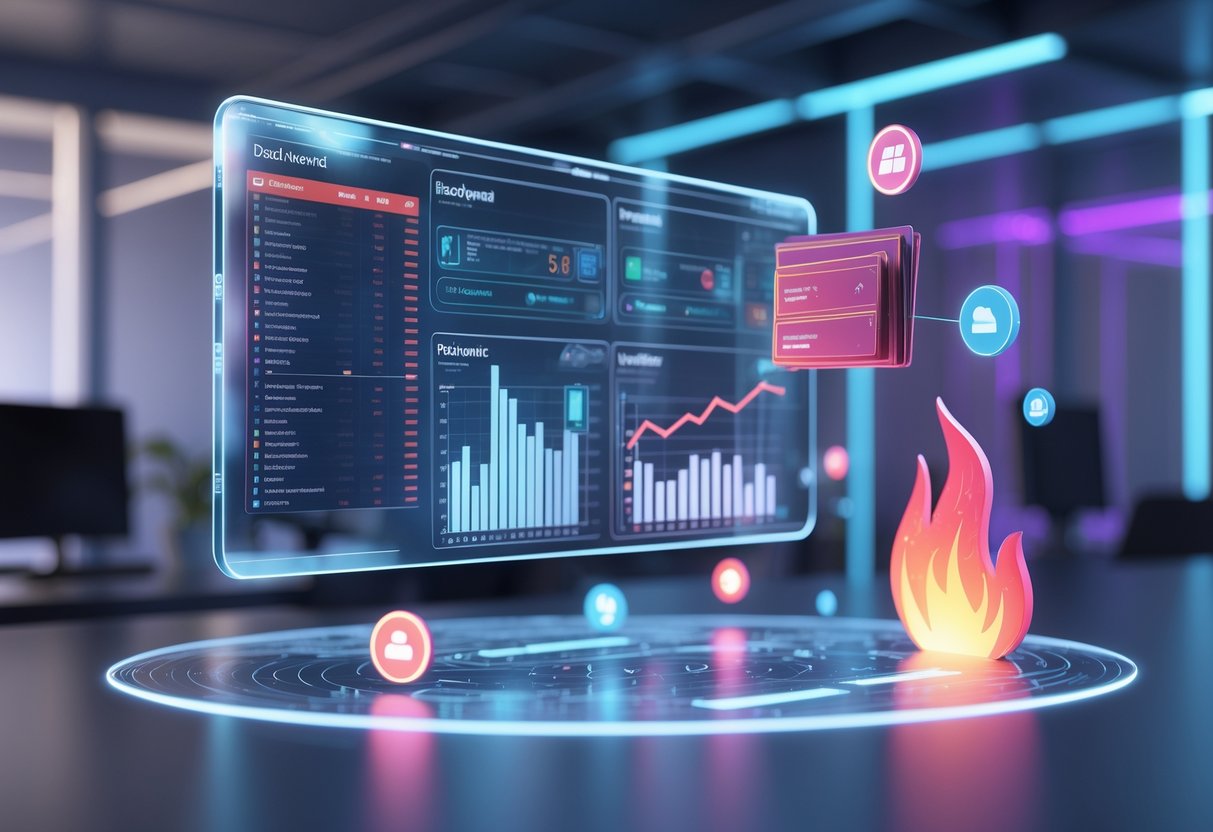 A 3D scene showing a futuristic holographic display with fading keywords and data charts, symbolizing ineffective keywords draining a digital marketing budget.