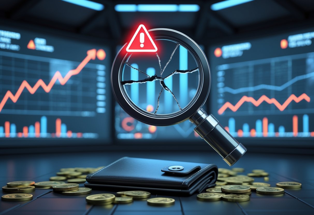 A 3D scene showing a broken digital keyword symbol with warning signs, declining graphs, and money slipping away in a dark control room.