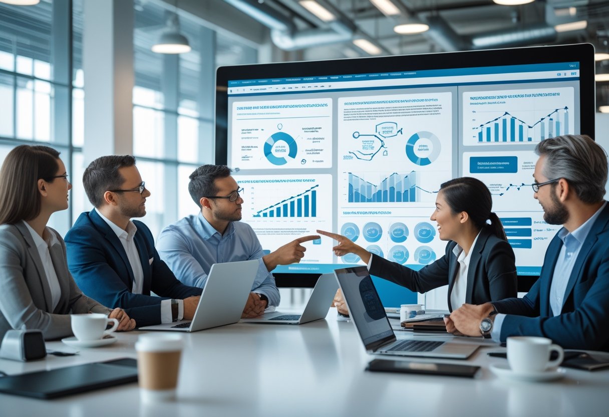 A group of business professionals collaborating around a digital screen displaying charts and diagrams in a modern office setting.