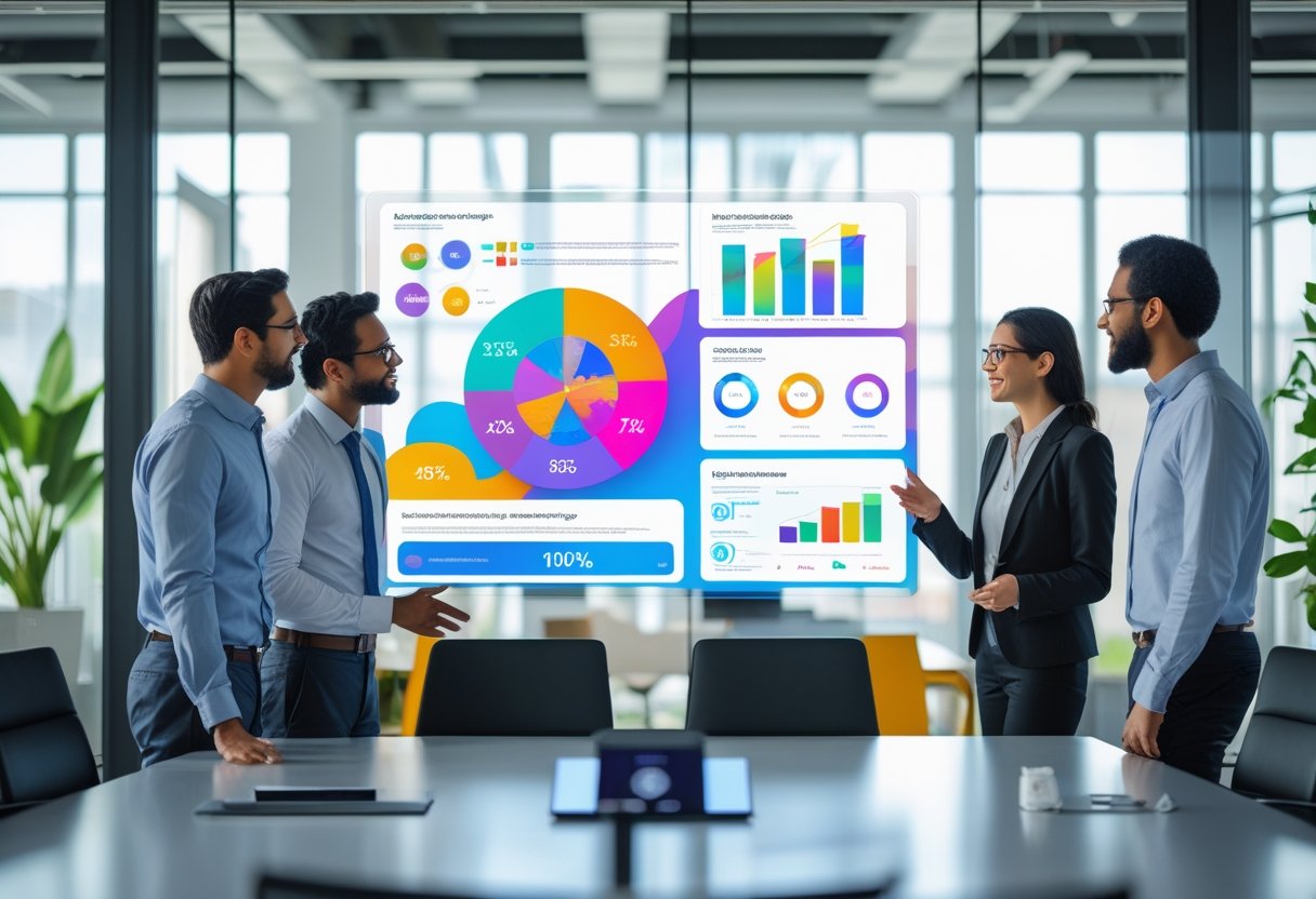 Four professionals collaborating around a conference table with digital charts and graphs on a transparent screen in a modern office.