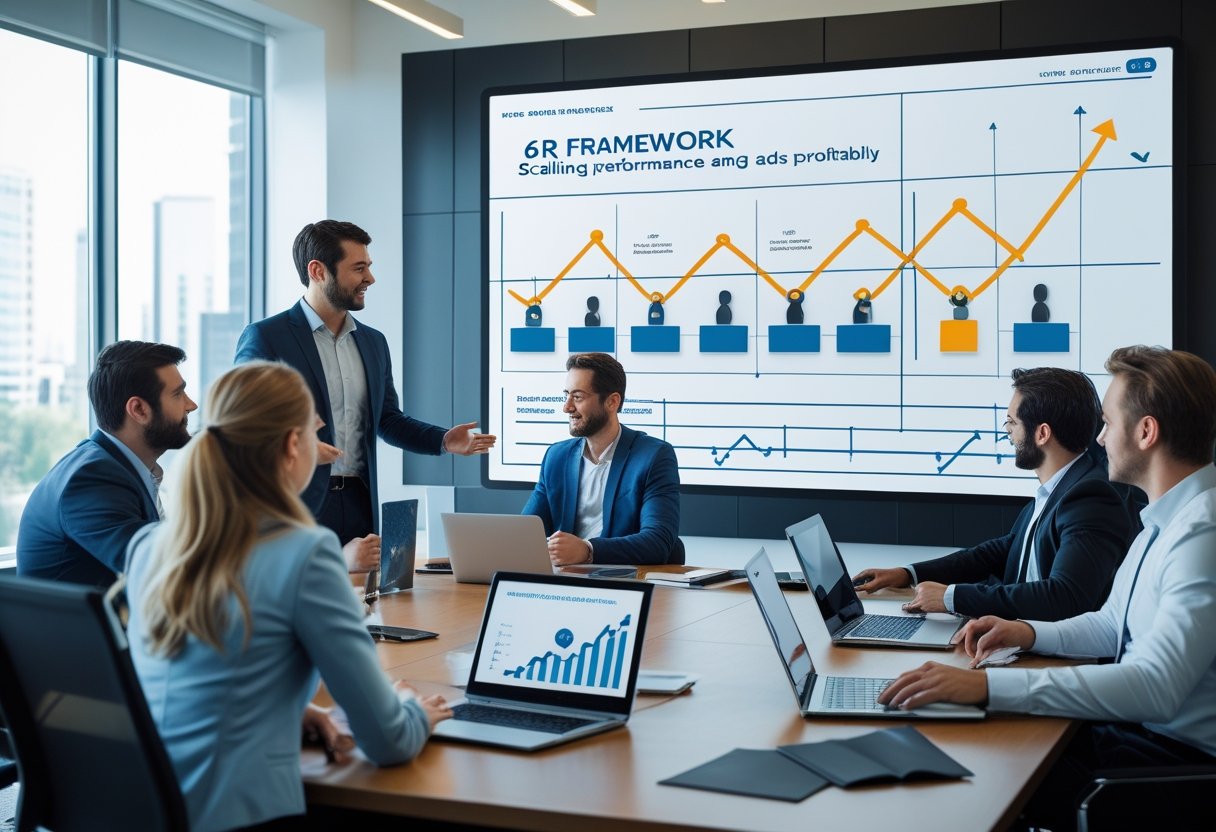 A group of business professionals collaborating around a conference table with digital devices and charts, focusing on a presenter explaining a six-part framework on a screen.