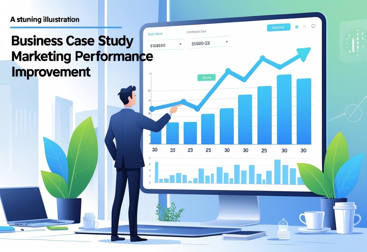 A business analyst points at digital charts showing a significant improvement in performance metrics over 30 days in a modern office setting.