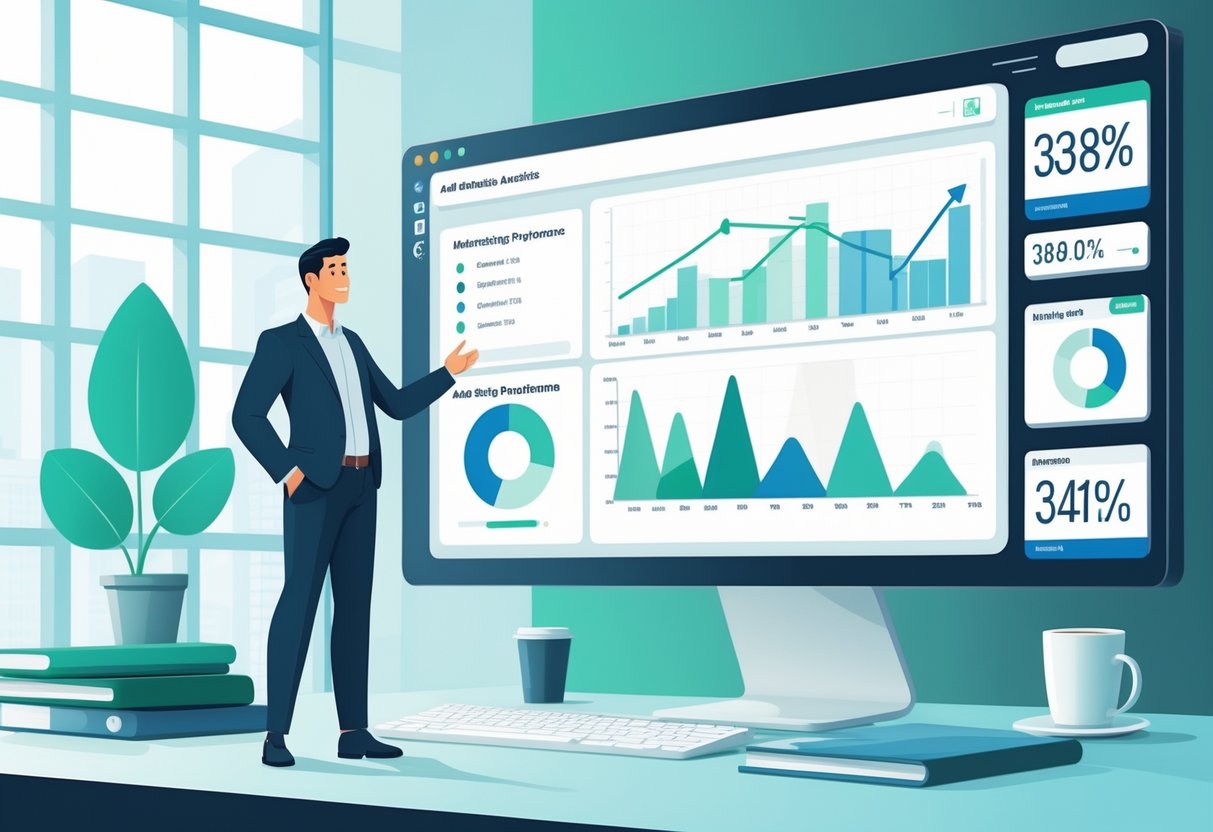 A business analyst stands beside a digital dashboard showing charts and graphs with a downward trending line, representing improved marketing performance in an office setting.